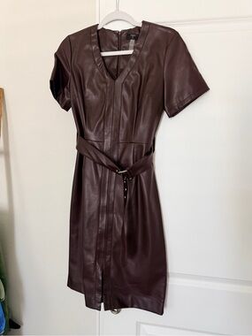 Tahari worn once Chocolate Brown Faux Leather Belted V-Neck Dress
